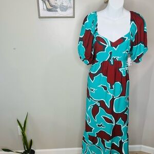 Nine West Teal and Maroon Abstract Floral Maxi Dress